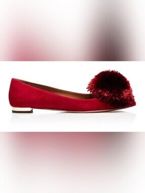 FSJ Red Velvet Ballet Flat with Pom-Pom Accent